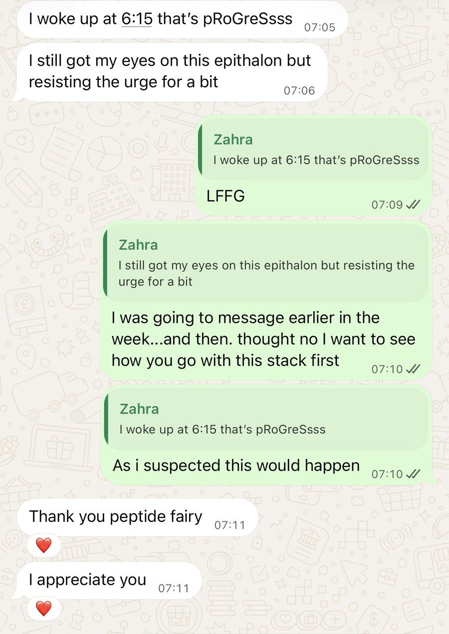 WhatsApp messages from Zahra: woke up at 6:15, thank you peptide fairy, I appreciate you